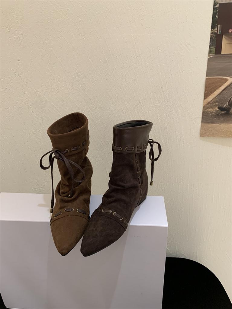 Inner heightening retro suede pile western cowboy short boots women's boots new spring and autumn pointed thin boots