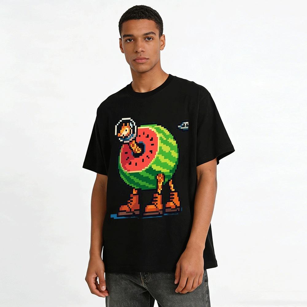 Pixel Art Watermelon Mecha Deer Print Casual Short Sleeve Pure cotton T-shirt