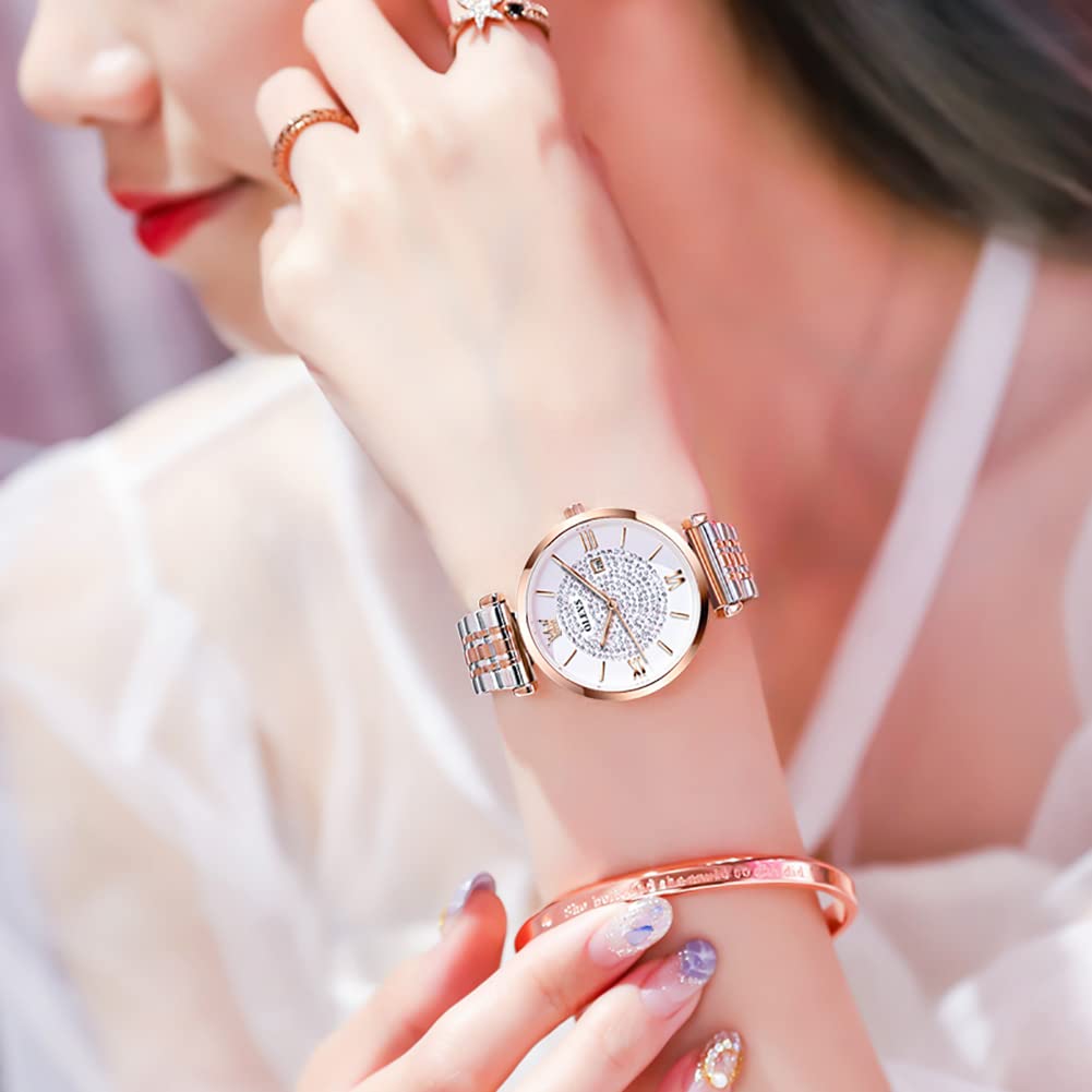 OLEVS Women's Watch, Simple and Casual, Date Display, Waterproof, Rose Gold with Diamond Dial, Double-Flip Closure, Wine Red, Gift