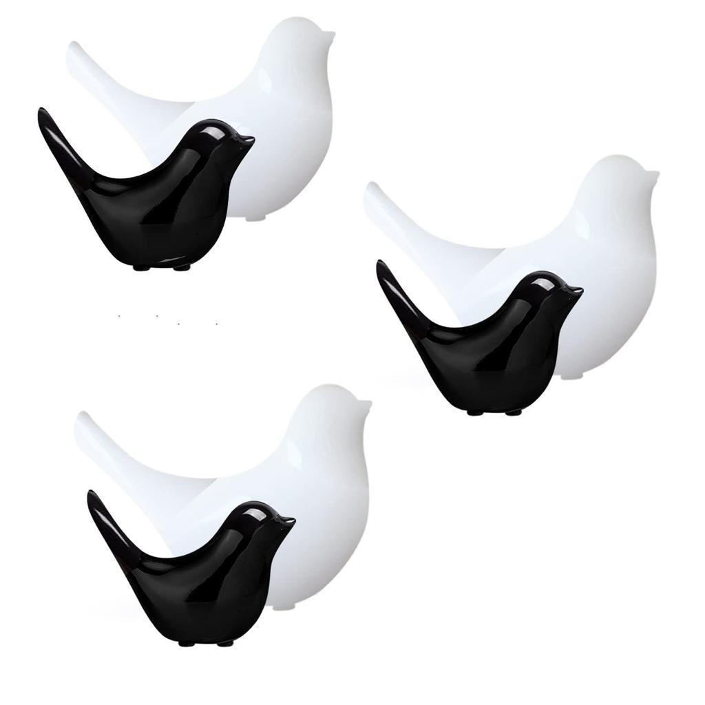 Creative White and Black Glossy Ceramic Birds Figurines Home Decorations Accessories Party (Pack of 6, Black & White)