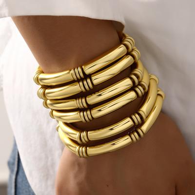 CCB Exaggerated Gold Chunky Bangles Bracelets for Women Plated Stack Layered Curved Bamboo Tube Stretch Bracelets Gift