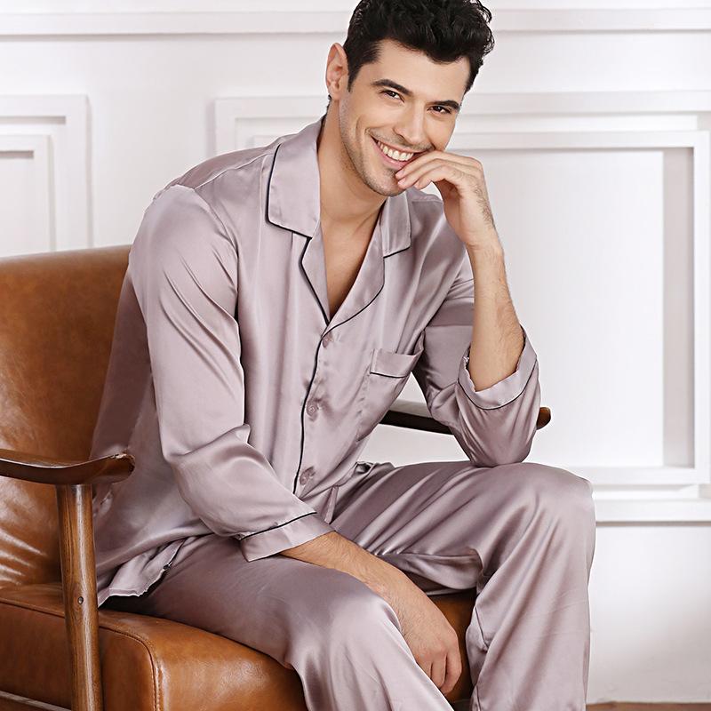 Summer New Man's Ice Silk Pajamas Soft Cardigan Lapel Shirt CasualWear Long-Sleeved Long Pants Solid-Color Homewear