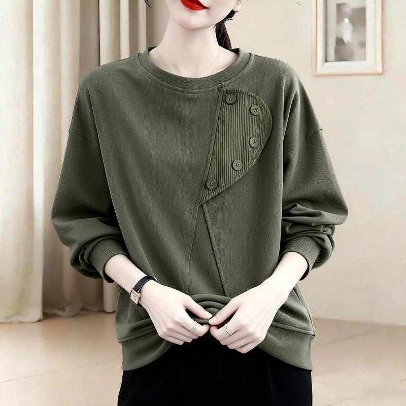 Fashionable Round Neck Pullover Women's Sweatshirt Spring Button Splicing Design Loose Long-sleeved Top Trendy