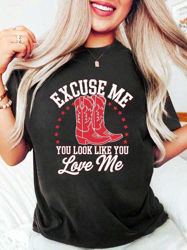 

Unisex s Letter & Cowboy Shoes Print Round Neck T-Shirt XL