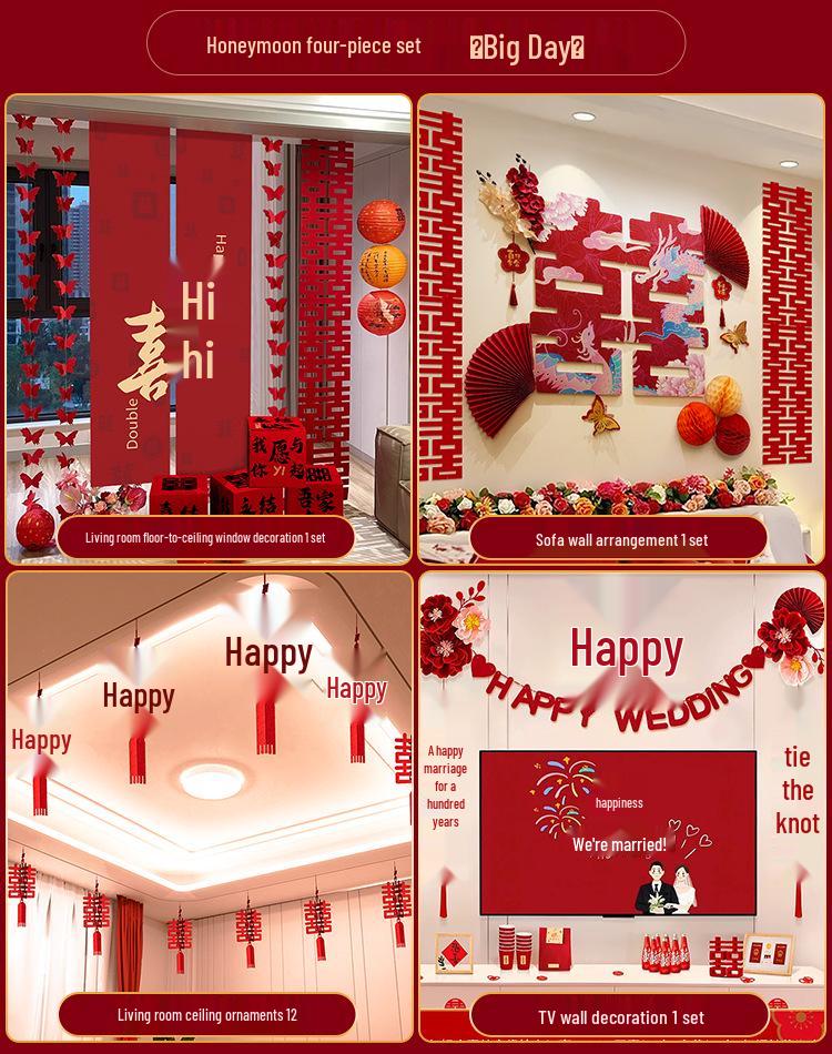 Double Happiness Wedding Room Cloth Banner Set for Ceremony and Hotel Décor