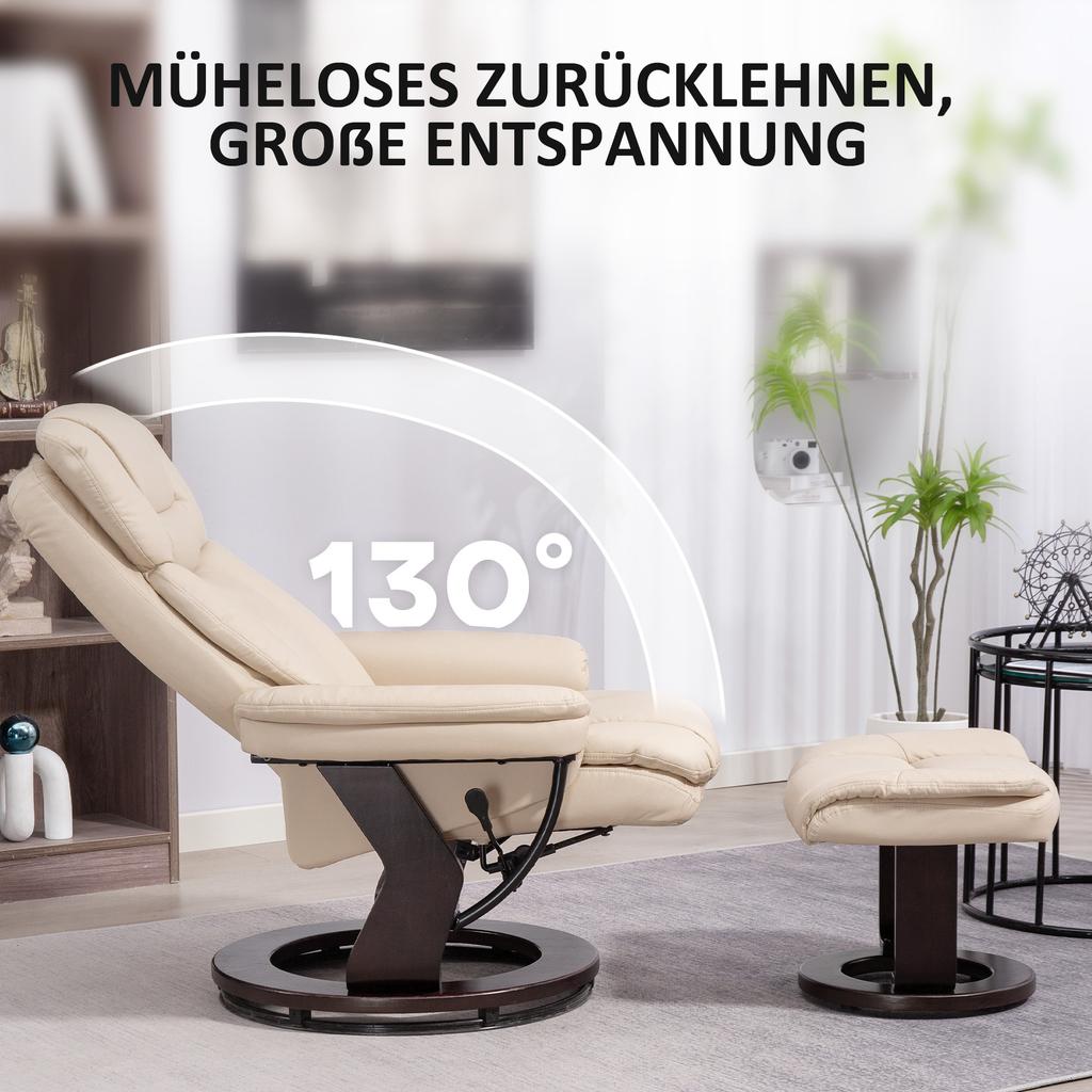 Recliner Chair with Footstool, Adjustable Chair, Faux Leather Cover, Upholstered Chair with Foldable Backrest, Cream White