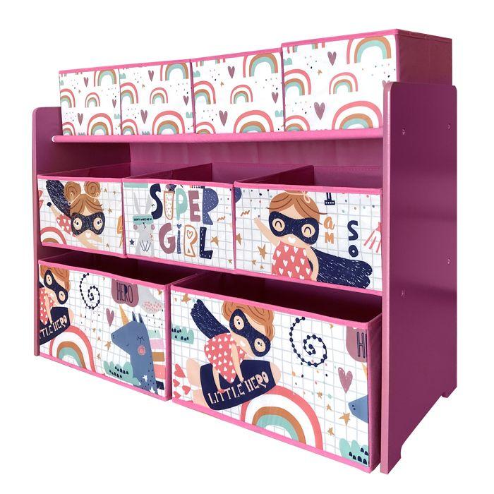 GINGER HOME – Organiseur jouets enfant, 9 bacs tissu, MDF/acier, motif Super Girl, 92×30×60 cm