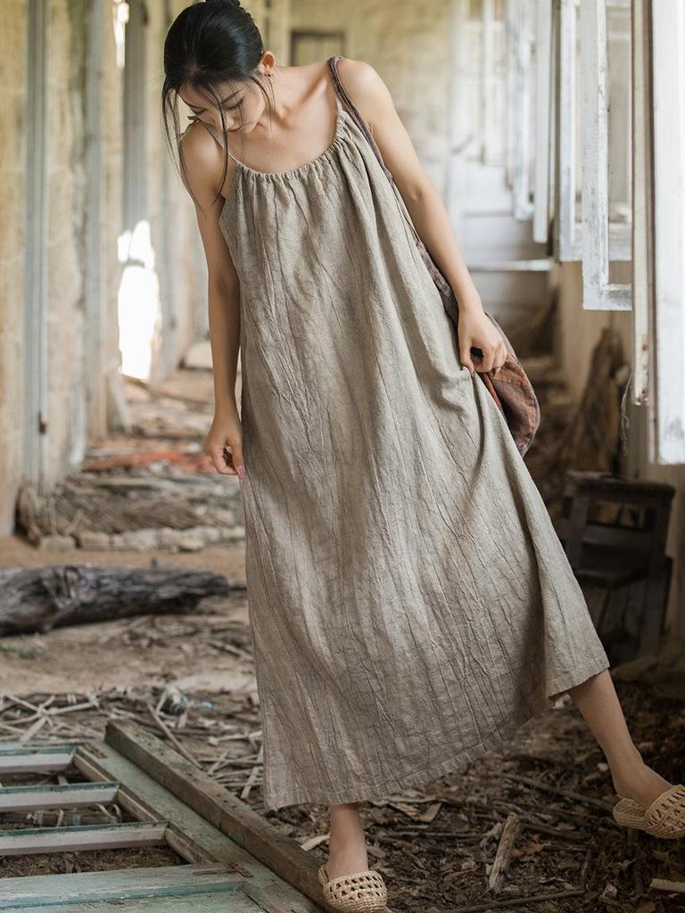 Linen Tie-Dye Adjustable Strappy Dress - Retro French Elegant Casual Wear for Spring and Summer