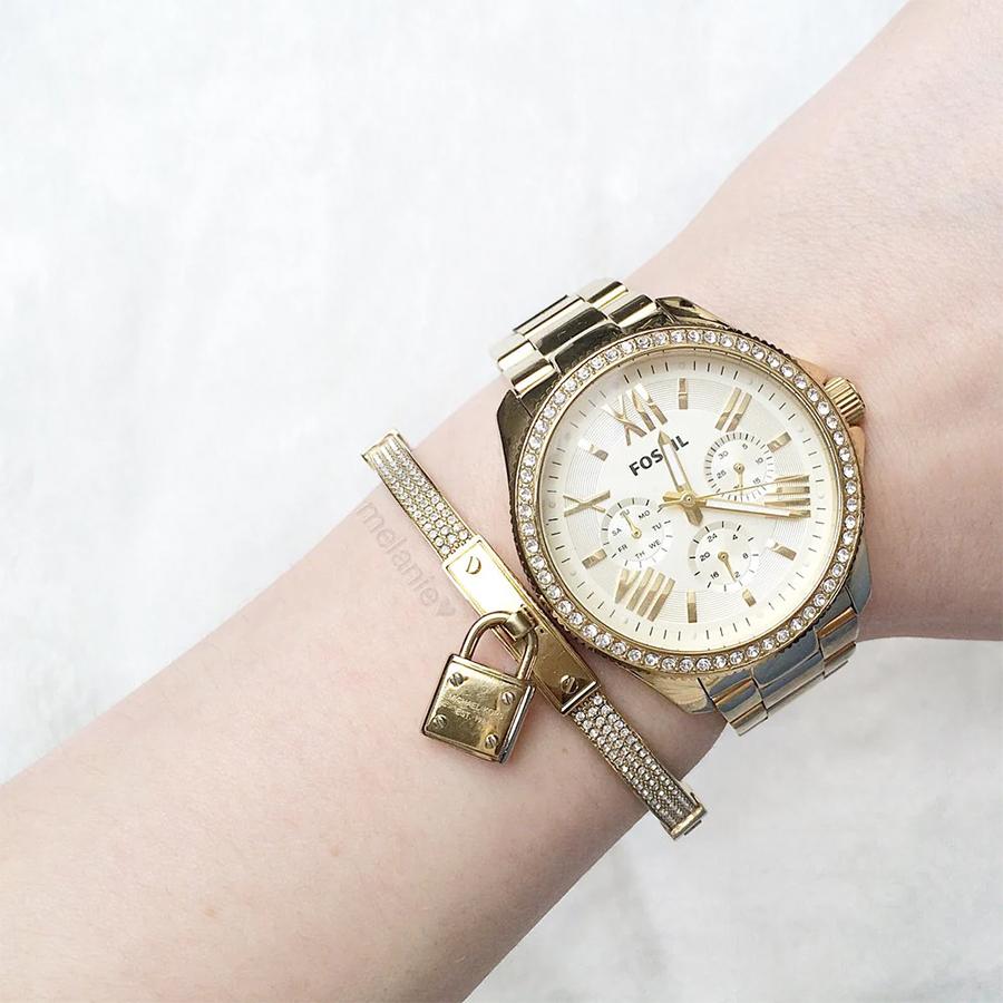 Fossil Ladies' Quartz Watch - 42mm Gold Dial & Genuine Leather Strap, 50M Water Resistance AM4482