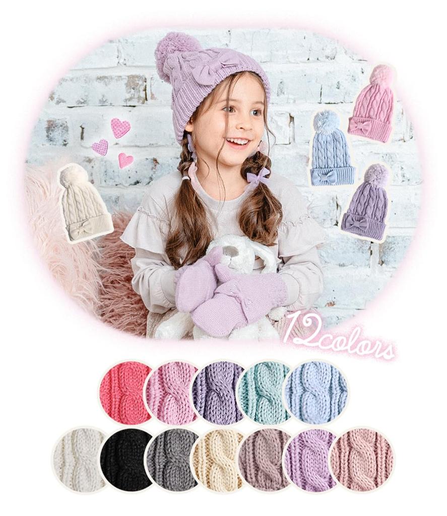 Arisana Kids Cable Knit Hat for Girls with Ribbons for Warmth One (JP, Alphabet, Size, Black)