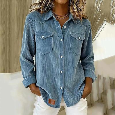 Damen Cord Hemden mit Knopfleiste Langarm Reverskragen Oberteile Lässige Herbst Winter Blusen