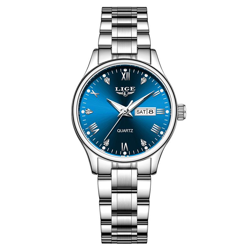 LIGE Elegant Women Watch Classic Diamond Dial Waterproof Quartz Watch Dual Date Waterproof Luminous Stainless Steel Ladies Watch