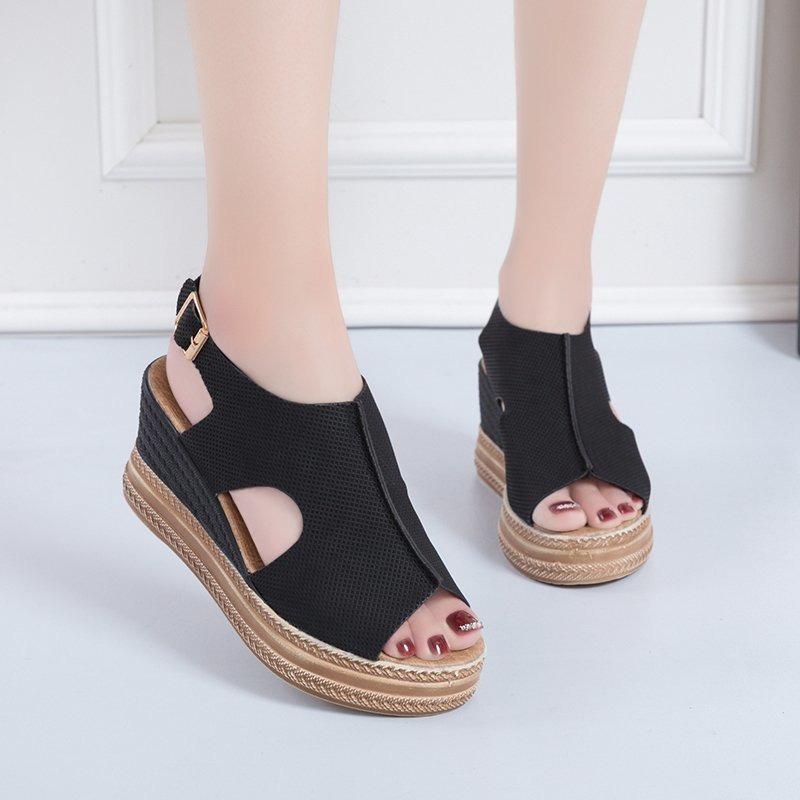 Wedge Heel Sandals Women's Summer Large Size One-word with Splicing Fish Mouth Women's Sandals Fashion Empty Women's Shoes