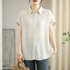 Summer Cotton and  Linen  Striped Casual Loose Short-sleeved Shirt Top Women