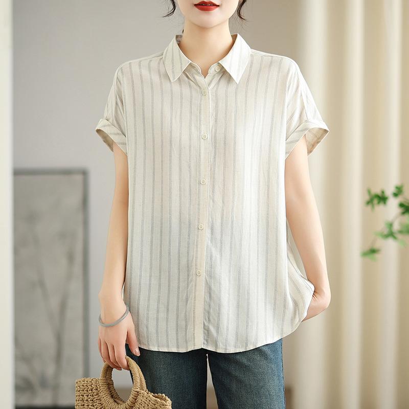 Summer Cotton and  Linen  Striped Casual Loose Short-sleeved Shirt Top Women