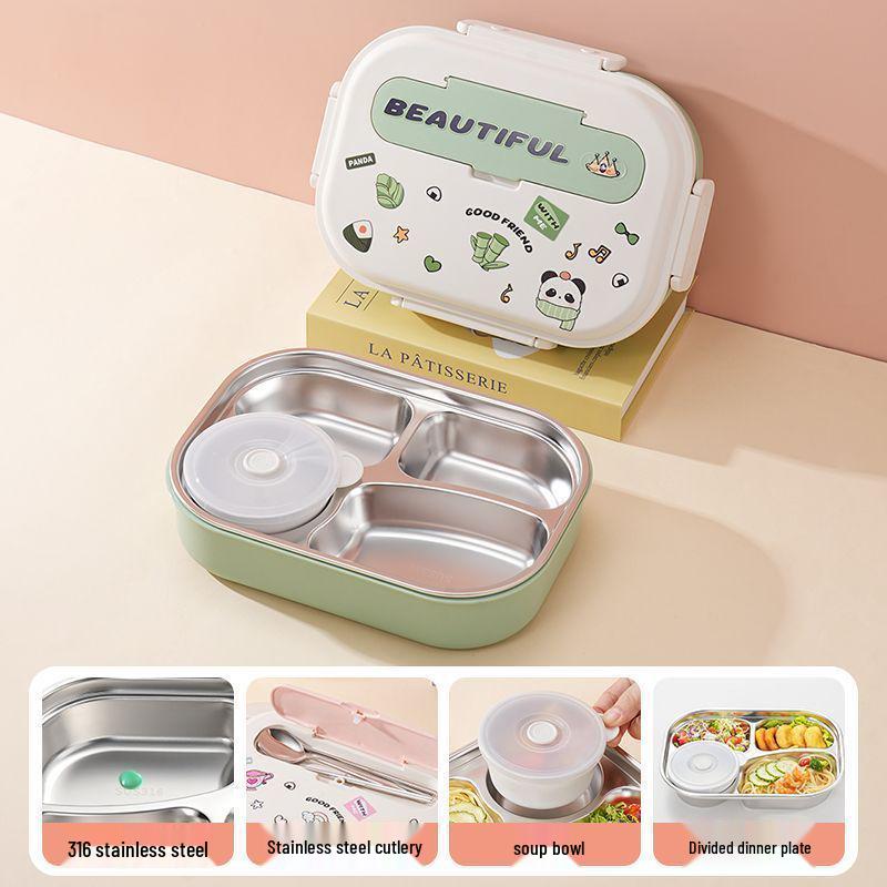 Boîte à lunch Bento pour enfants, à couvercle rabattable, en acier inoxydable 316, compatible micro-ondes, avec compartiments pour les aliments, à décorer soi-même et décorée de dessins animés.