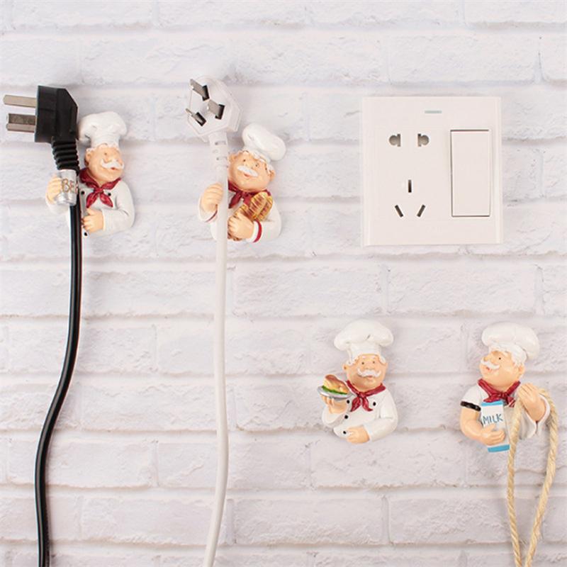 1/10pcs Cartoon Power Cord Storage Rack Chef Plug Hook Strong Adhesive Hook Creative Plug Finishing Bracket