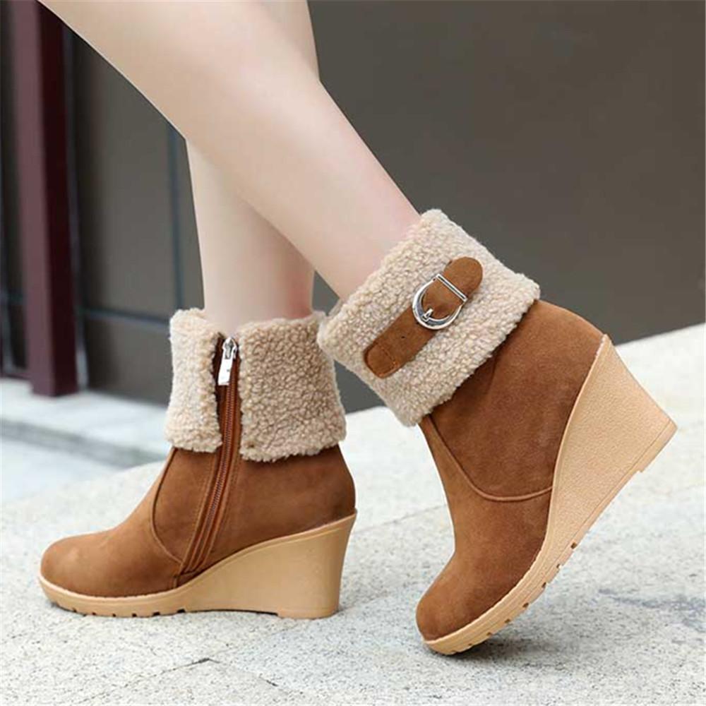 Fashion Winter Boots Women Fur Warm Snow Boots Ladies Side Zip Wedges Flock Booties Ankle Boots Comfortable Shoes Casual Female Boots