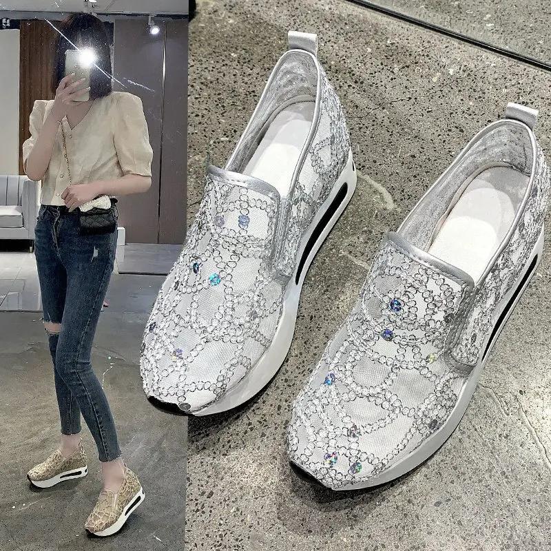 Wedge Casual Shoes Woman Summer 2025 Gold Sequin Mesh Vulcanized Shoes Rubber Sole Slip on Comfortable Female Shallow Sneakers