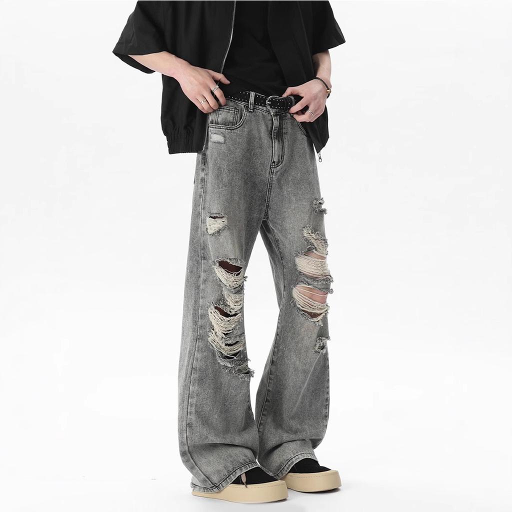 American ripped jeans men's new summer trend wear thin high street ruffian handsome loose wide-leg pants