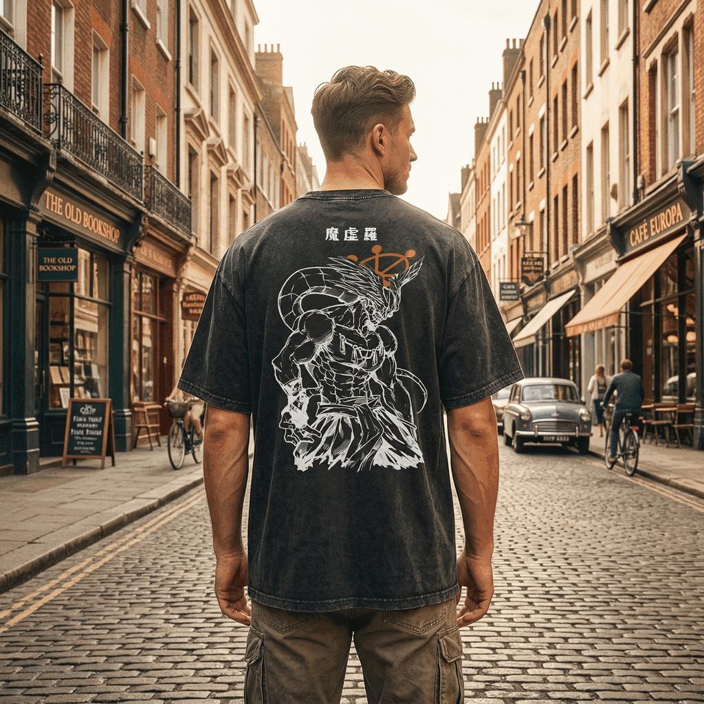 Camiseta Lavada Vintage Mahoraga de Jujutsu Kaisen para Hombre Anime Oversize Streetwear Camiseta Gráfica Unisex Top de Algodón