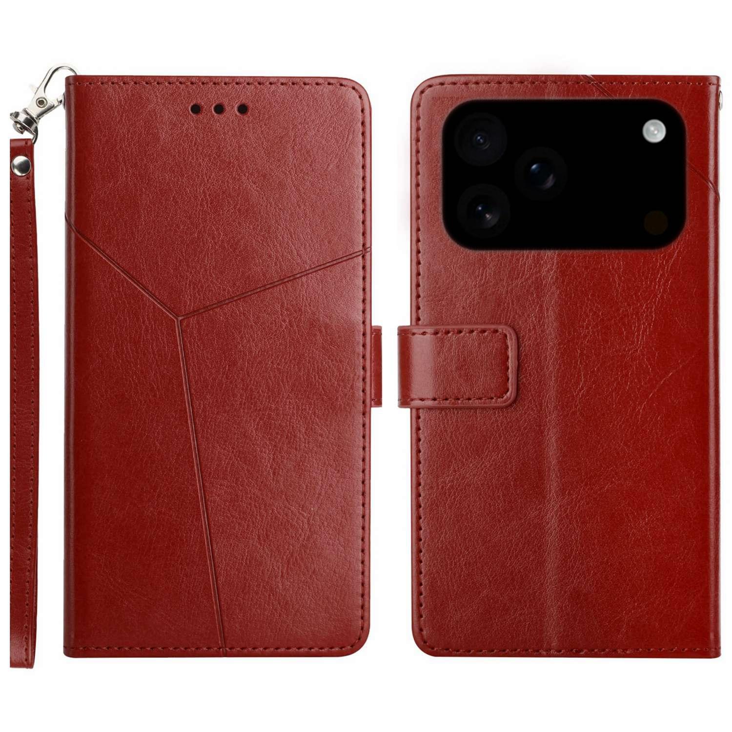 For iPhone 17 Pro Max Case with Wrist Strap Y Shaped Lines Imprint Leather Phone Cover C