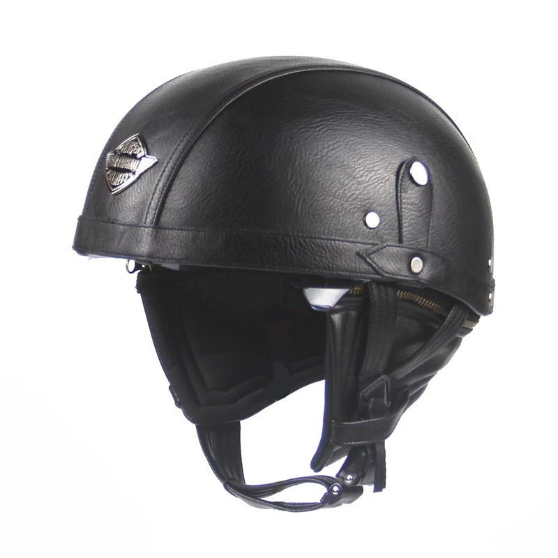 Retro Open Face Motorcycle Helmet Leather Cruiser Scooter Adult