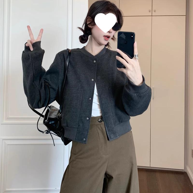 Women’s Khaki Woolen Baseball Jacket: Spring 2025 Petite Short Coat in New Style