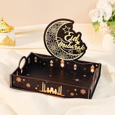Star Moon Ramadan Wooden Tray Handmade Funny Eid Mubarak Snack Tray Detachable Middle Dessert Container Ramadan Festival