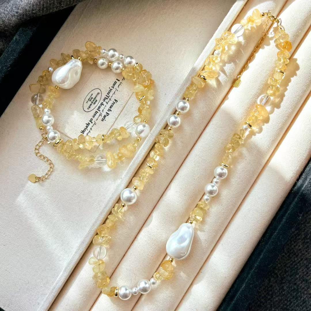 

10Mm Vintage Natural Citrine Artificial Crystal Pearl Necklace Clavicle Chain