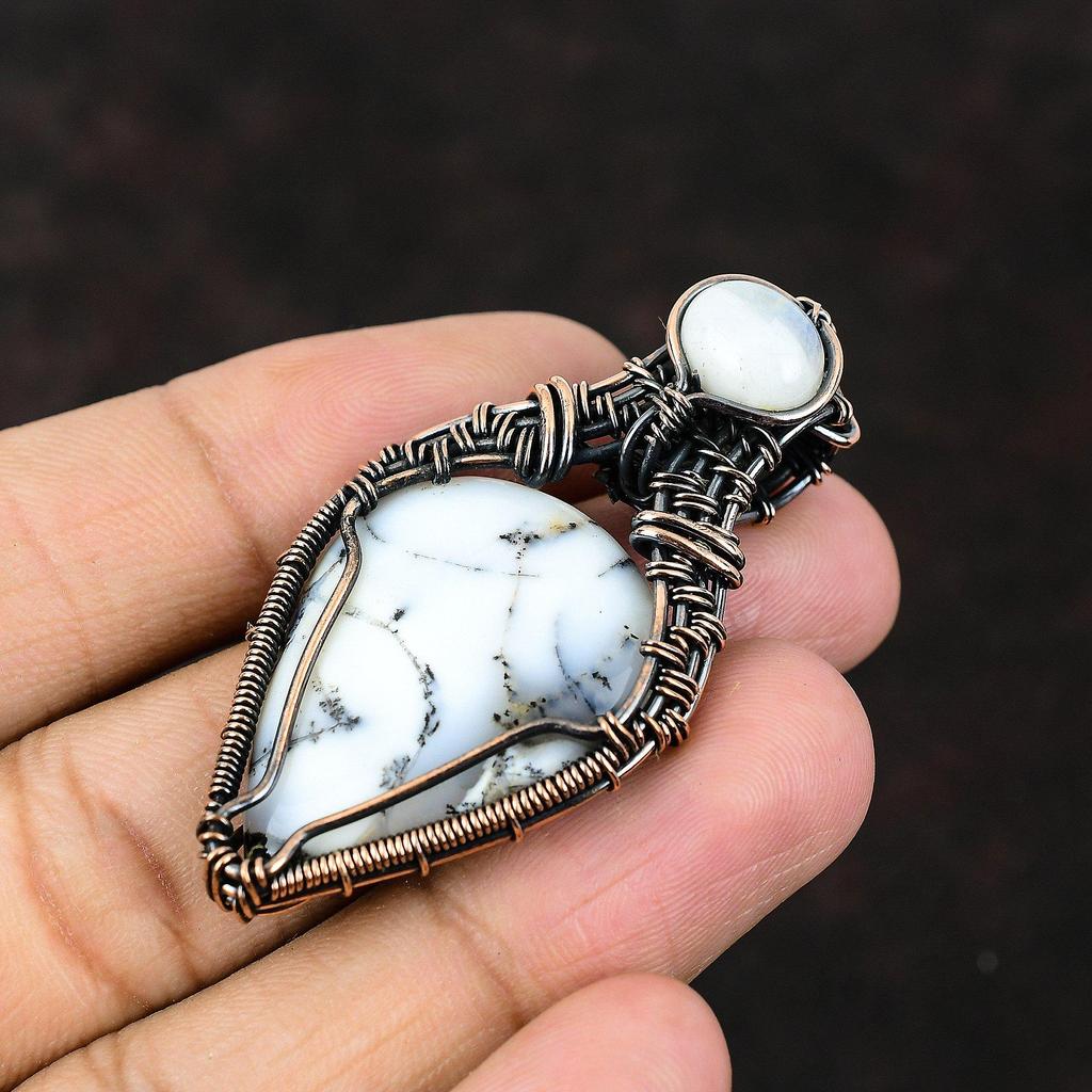 Dendrite Opal Gemstone Copper Wire Wrapped Pendant Copper Jewelry Handmade Pendant Rainbow Moonstone Jewelry Gift For Her Gift For Mother