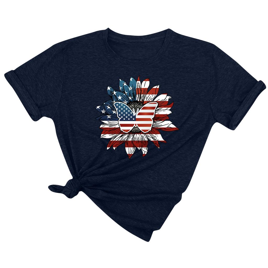 Women's Summer Casual Loose Sunflower Print T-shirt Round Neck Pullover Short Sleeve