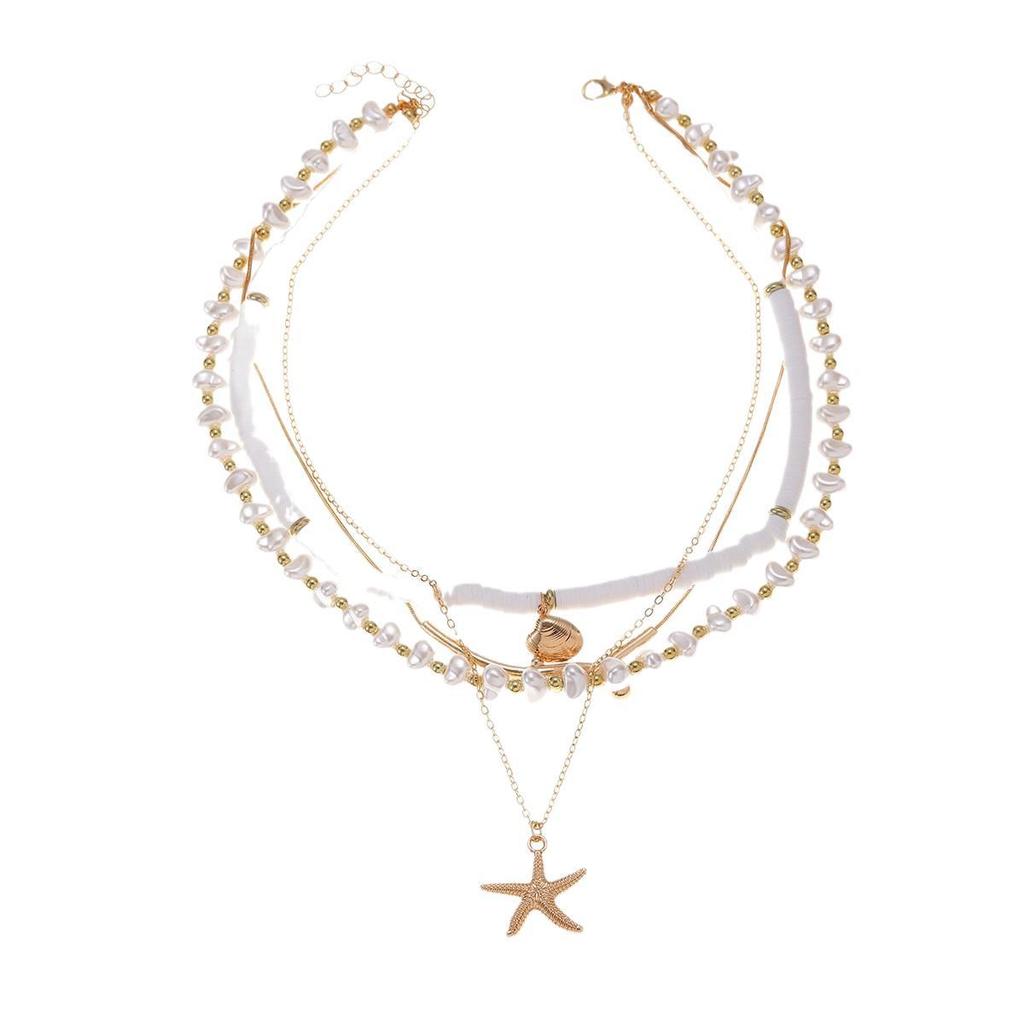 European and American summer beach soft pottery imitation pearl beaded necklace niche irregular multi-layered starfish necklace