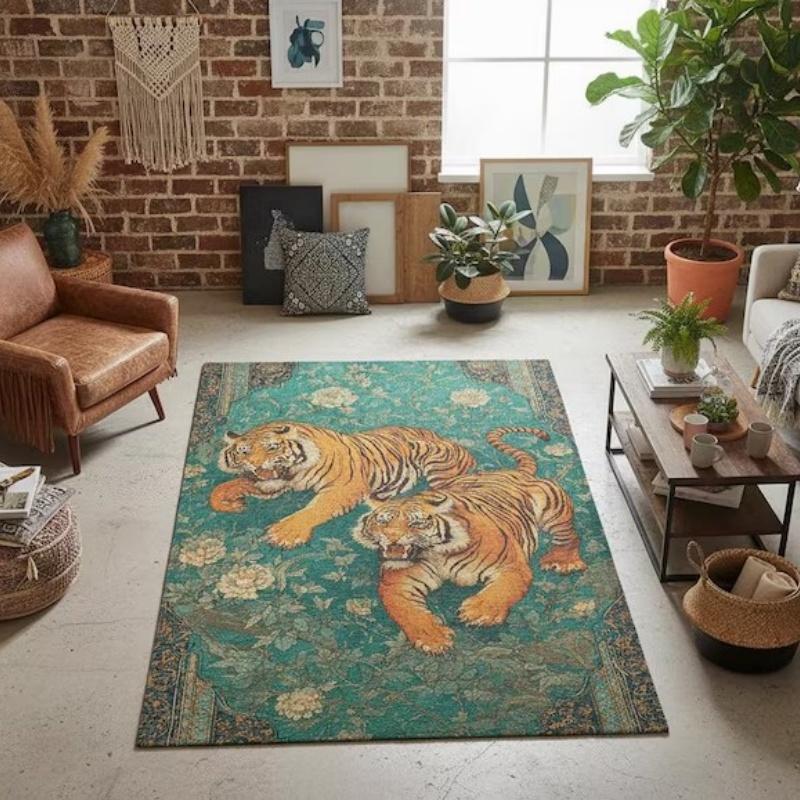 Art Tiger Animal Area Rug Vintage Floral Decor Non-slip Carpet Living Room Bedroom Large Size Soft Shaggy Floor Mat Asian Style