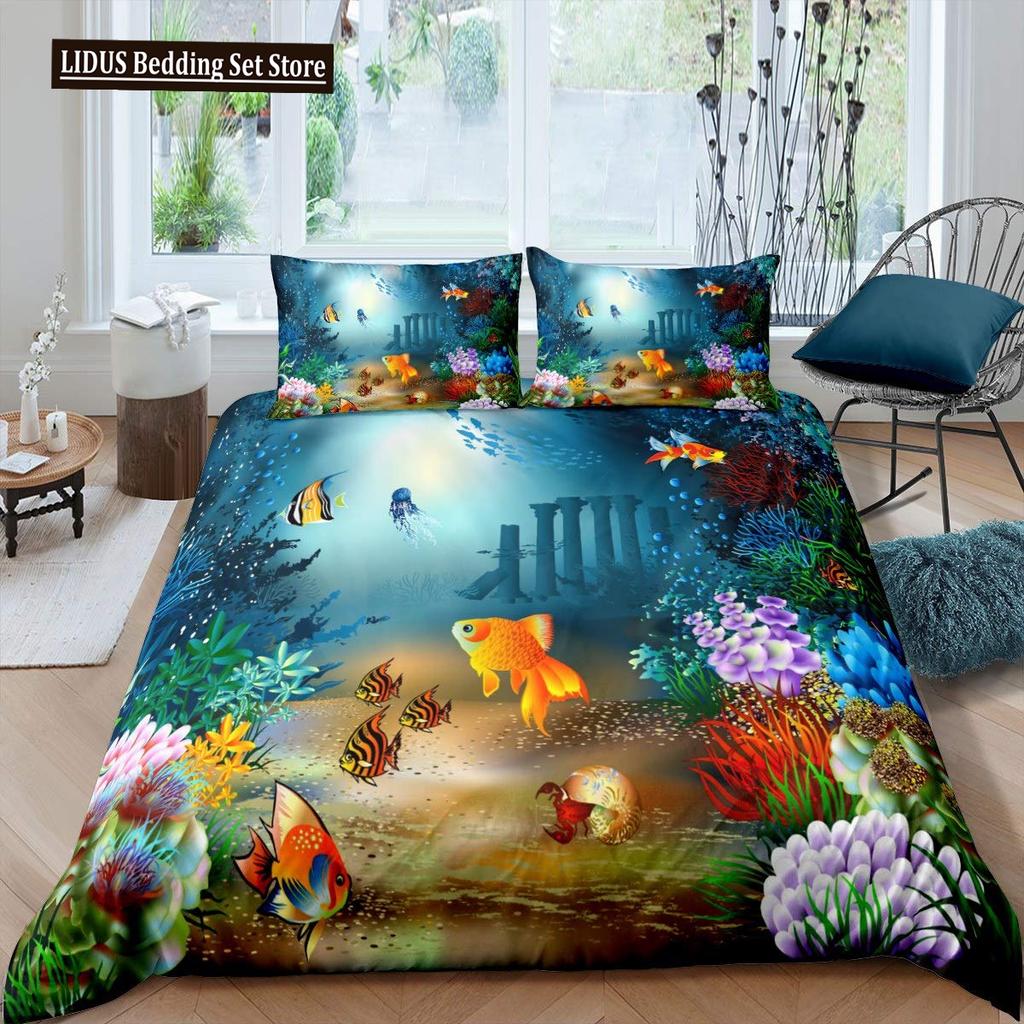Fisch Bettbezug Set Ozean Bettwäsche Sets 3D Gedruckte Unterwasserwelt Mit Hai Delfin Korallenriff Muster Bettdeckenbezug Set 2/3tlg