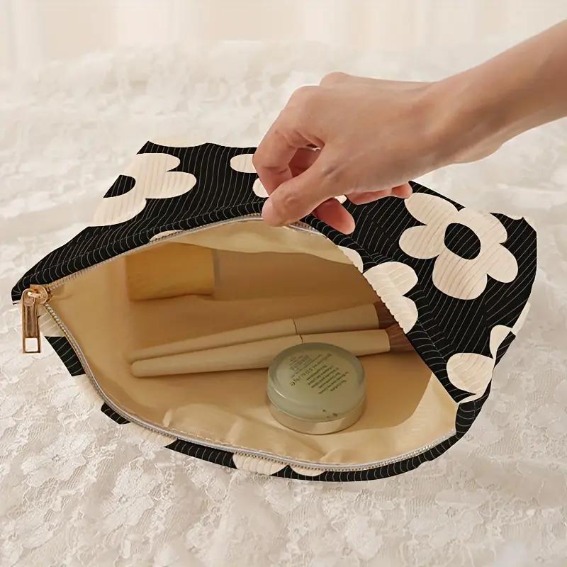 Yellow Floral Printed Corduroy Makeup Bag, Lightweight Zipper Makeup Storage Box, Multifunctional Bag with Lining