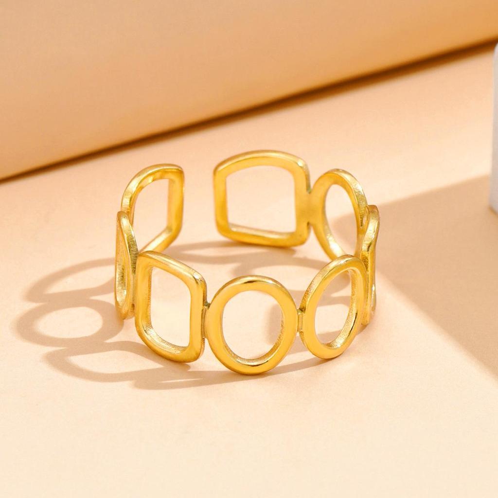 Retro Stainless Steel Geometric Open Ring with Hollow Rectangle Oval Design