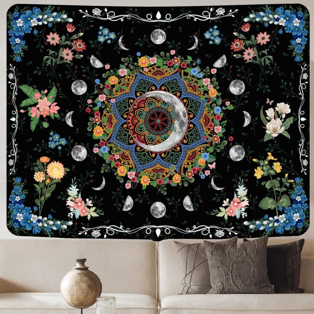 VIKAMA Vintage Floral Moon Phase Tapestry Bohemian Flower Star Moon Wall Blanket for Bedroom Living Room Dormitory Decor