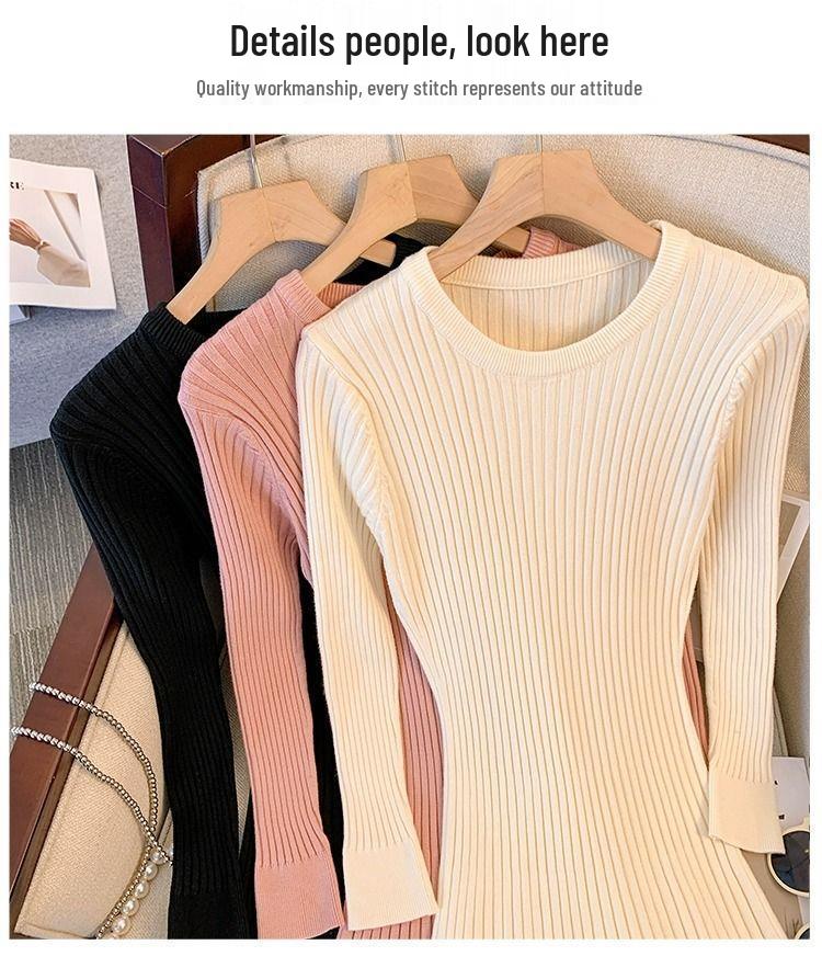 Plus Size Women's Slimming Knit Dress - Over-the-Knee French Style for Autumn/Winter, Perfect Base Layer or Coat Companion.