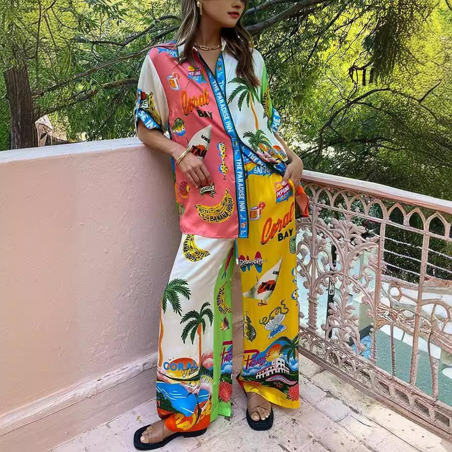 1116 New European and American Graffiti Printing Satin Short-sleeved Lapel Shirt + Trousers Casual Two-piece Set
