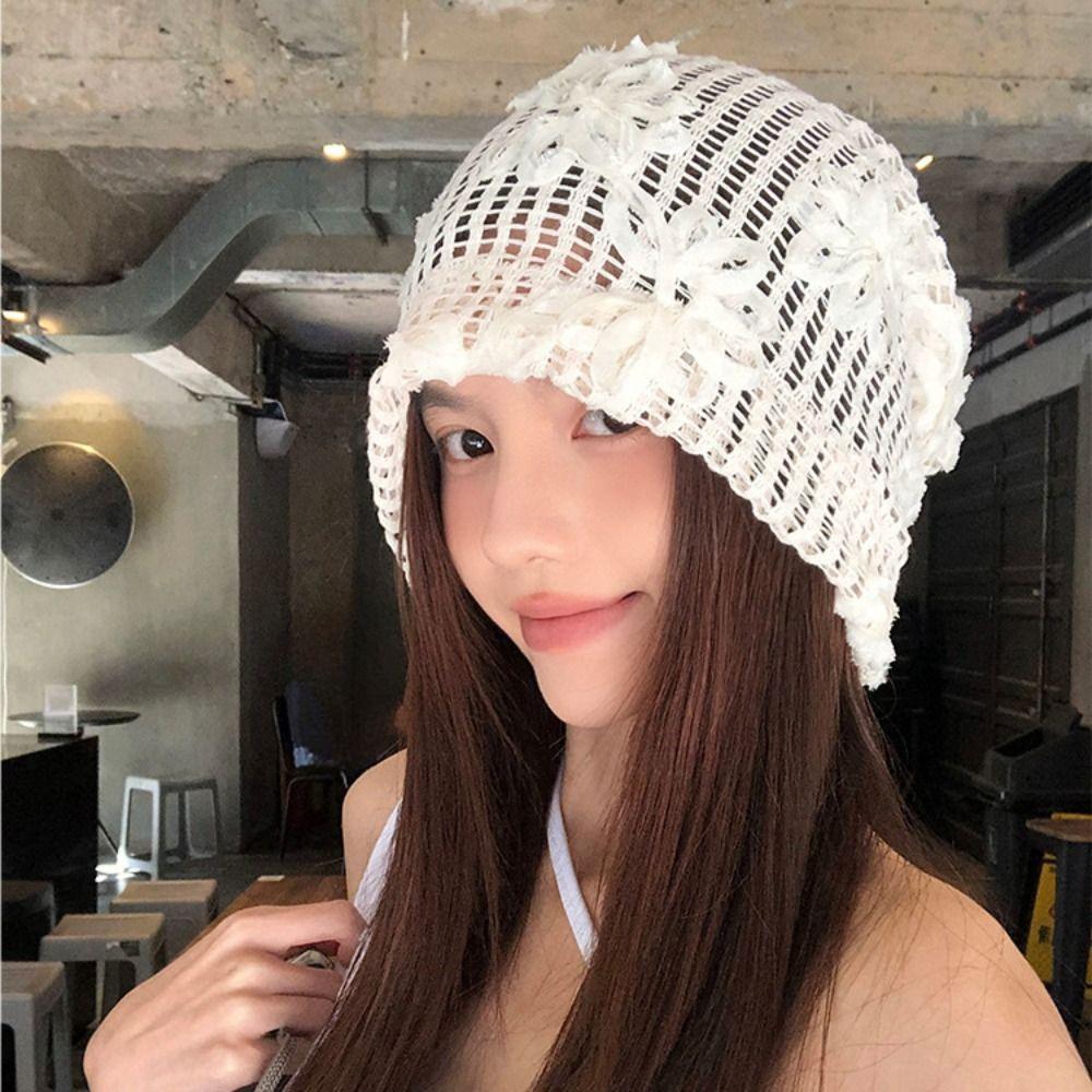 Cute Crochet Flower Hat Handmade Flower Knitted Hat Casual Weave Cap  Outdoor