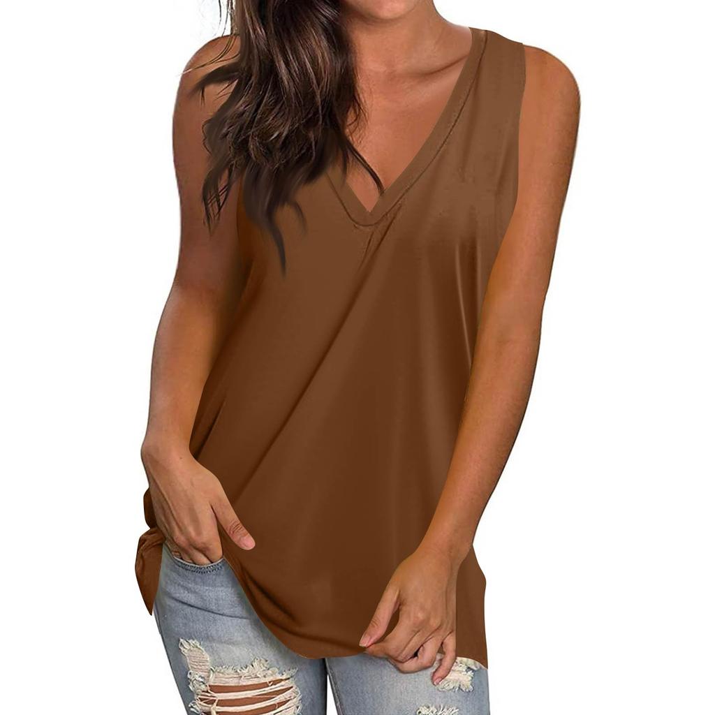 Women's Casual Fashion V-Neck Sleeveless Top Solid Color Vest T-Shirt