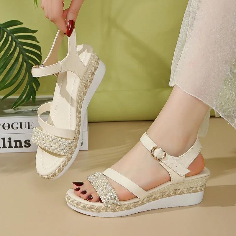 Fashion Ankle Buckle Platform Sandals Women Summer 2025 Fashion Pearl Wedges Sandalias Mujer Plus Size 42 Casual Med Heel Beach Sandals