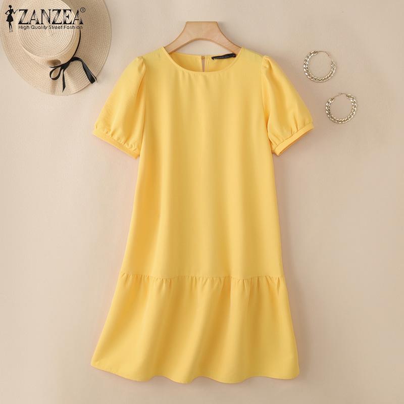ZANZEA Damen Lässiges Rundhals Kurzarm Lockeres Sommerkleid