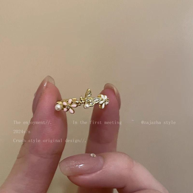 Cherry Blossom Pearl Open Ring for Women - Summer 2024 Fashionable High-End Index Finger Ring