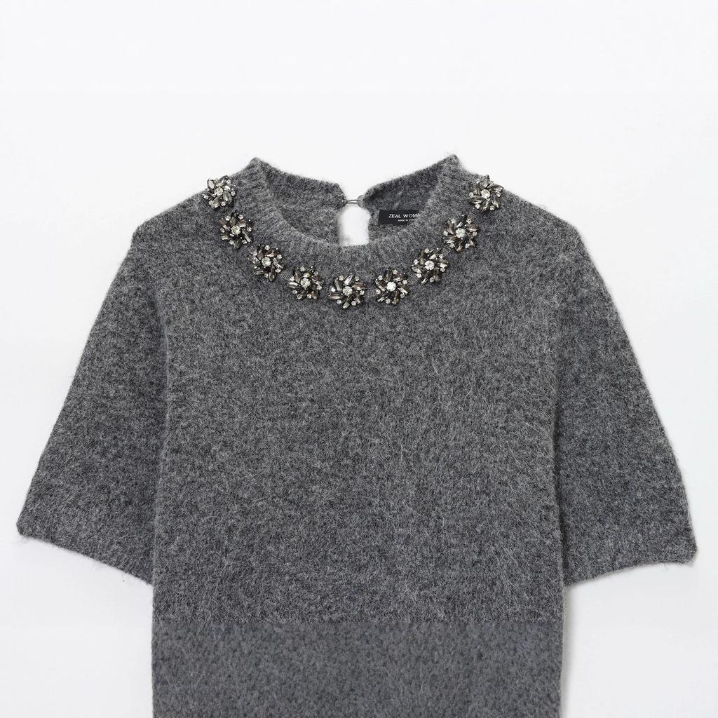 European and American style, new women's clothing, fashionable, versatile, round neck jewelry beaded short-sleeved knitted sweater