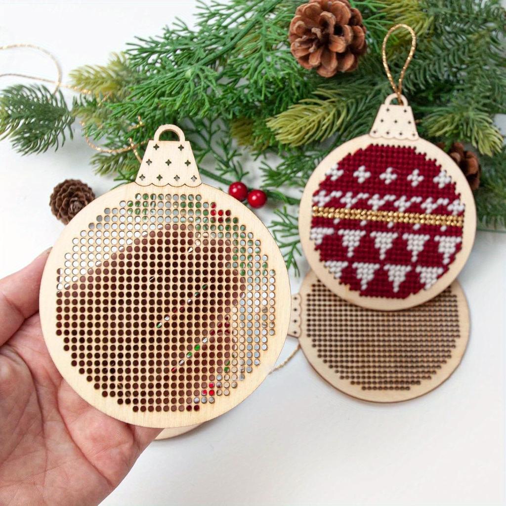 Wooden Christmas Cross Stitch Pendants, 3D Embroidery Ornament DIY Crafts, Festive Tree Decorations  Ribbon and Thread, Artistic Needlework Supplies