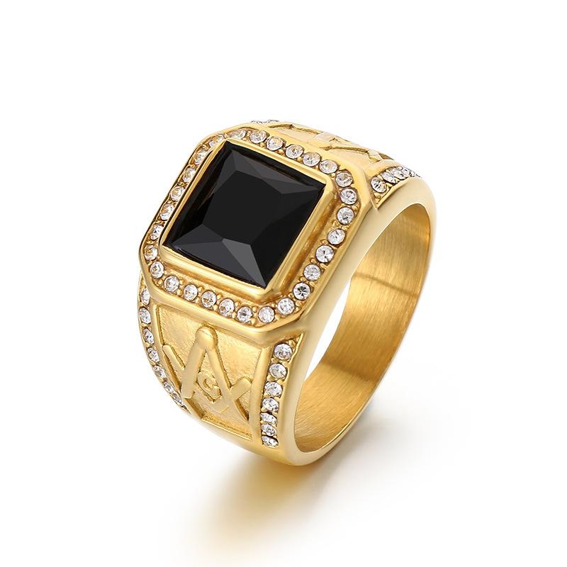 Hip Hop Atmospheric Ring, Vintage Inlaid Colored Gemstones Freemason Ag Stainless Steel Men'S Ring