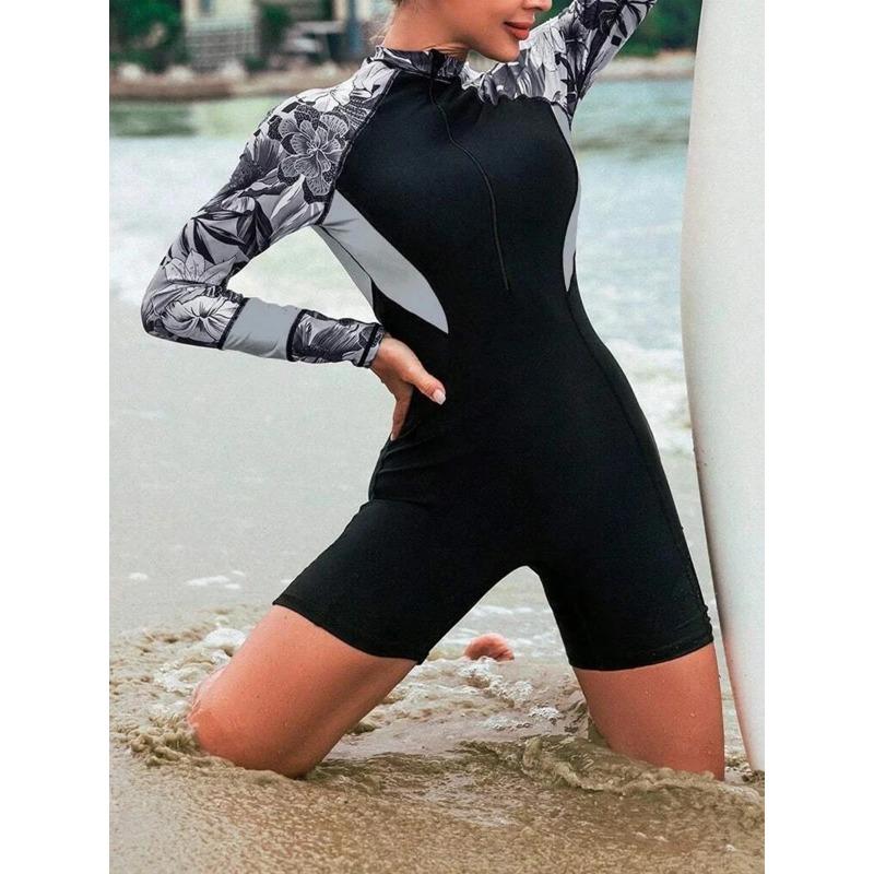 

Floral Long Sleeve Surfing Swimsuit 2026 Bodysuit Swimwear Women One Pieces Rashguard Diving Clothes Bathing Swimming Suit XL чорний