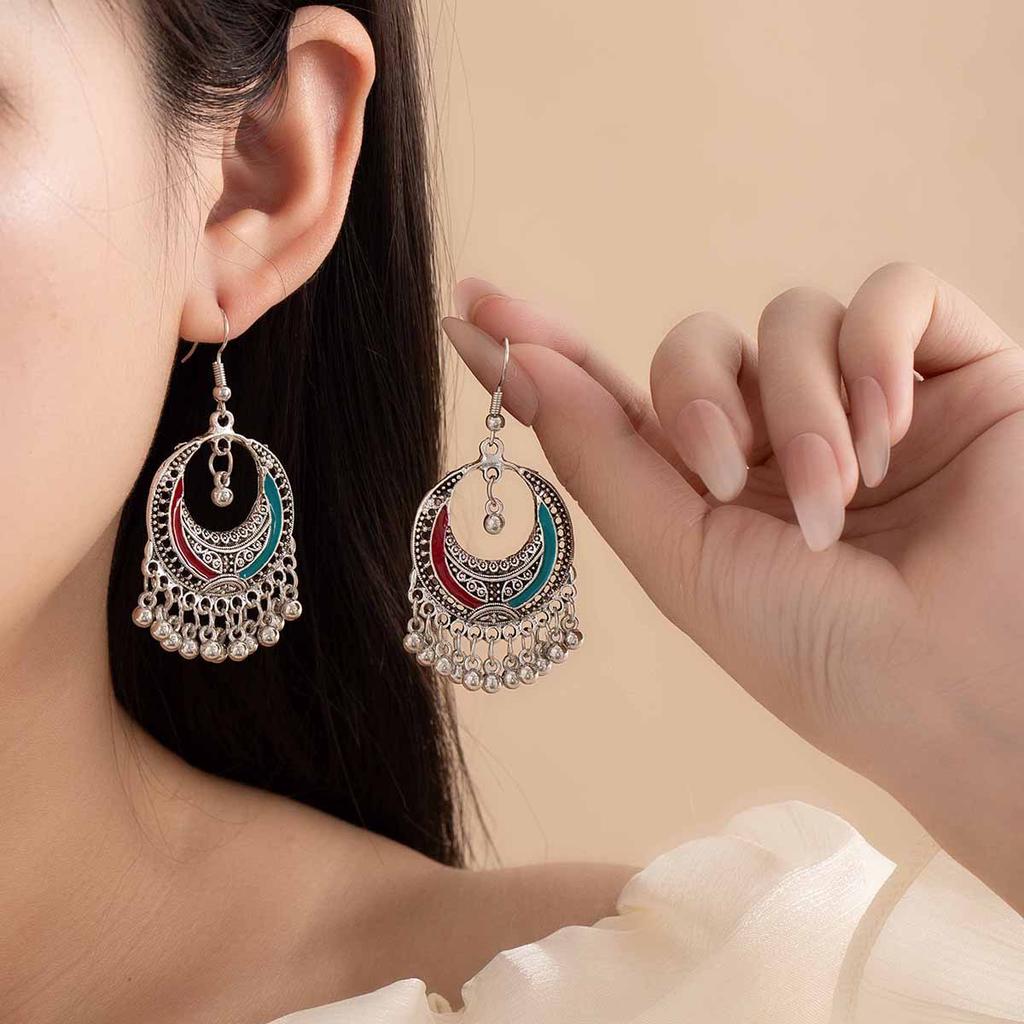 Ethnic Style Miao Silver Fringed Earrings, Tourist Attractions Yunnan Vacation Accessories Retro Literary Metal Bells Ear Hooks